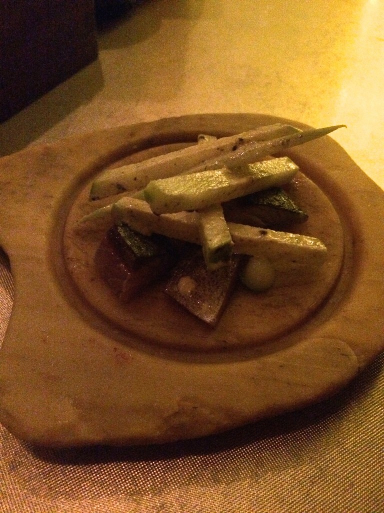 7th course: Smoked mackerel, apples, and celery.  This arrived inside a glass dome full of smoke.