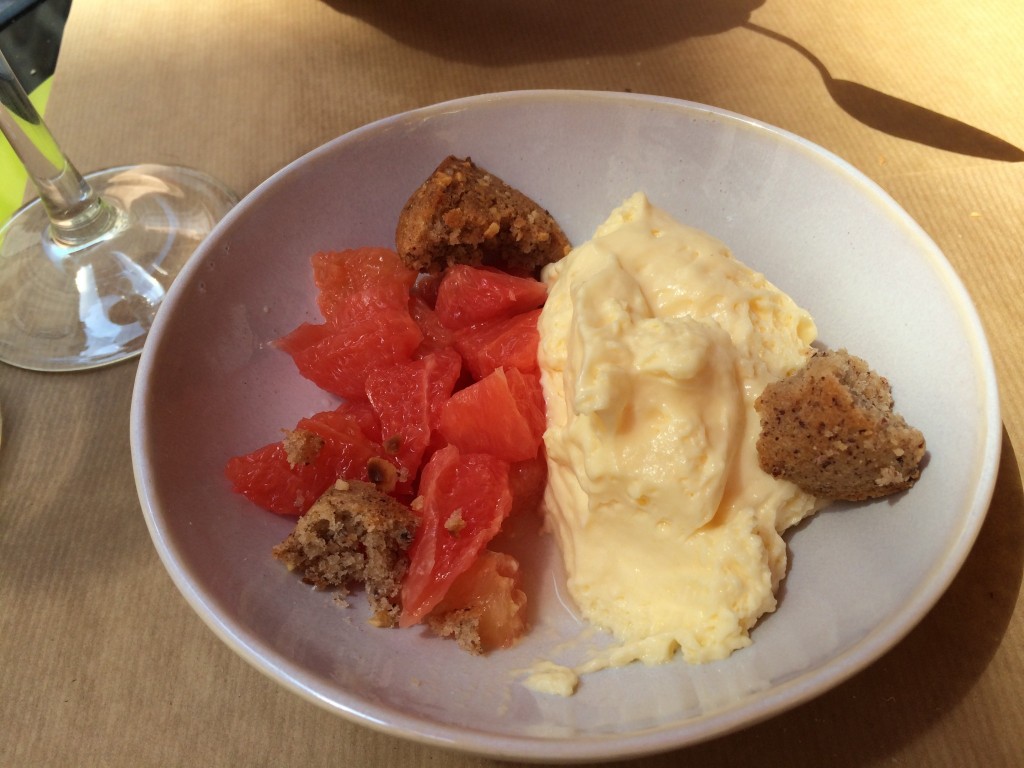 Creamy lime, pink grapefruit, and hazelnut financier