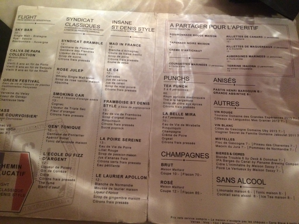 Drink menu at le syndicat