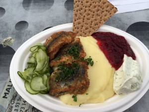 From Nystekt Strömmingvagnen in Sodermalm Square: herring with mashed potatoes, dill mustard, pickled cucumbers, and lingonberry jam