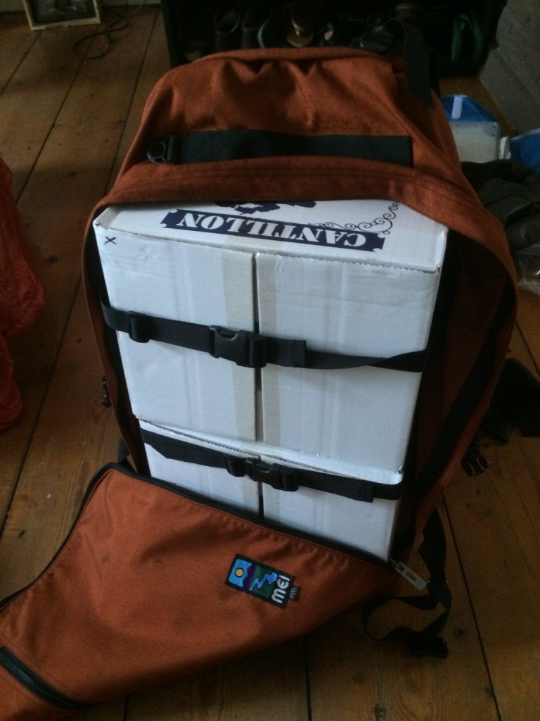 Backpack with case of cantillon in it