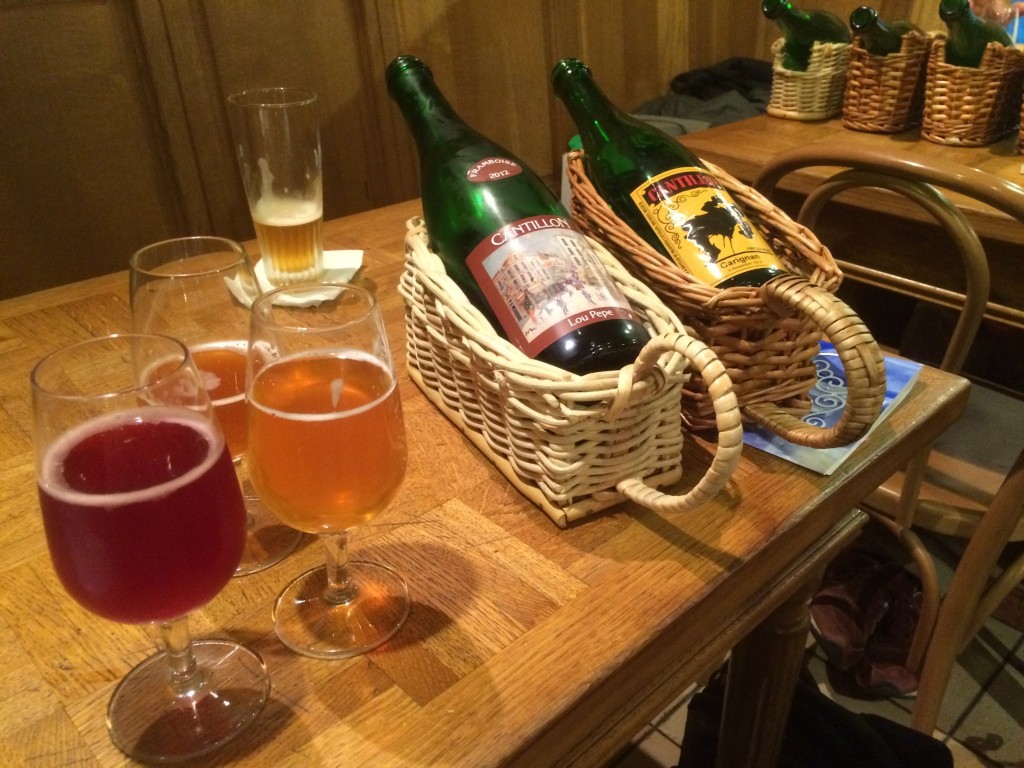 Cantillon Carignan, Lou Pepe Framboise, and glasses of others