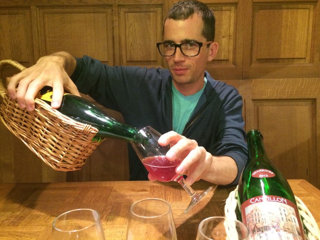 Pouring Cantillon Carignan from a basket at the brewery