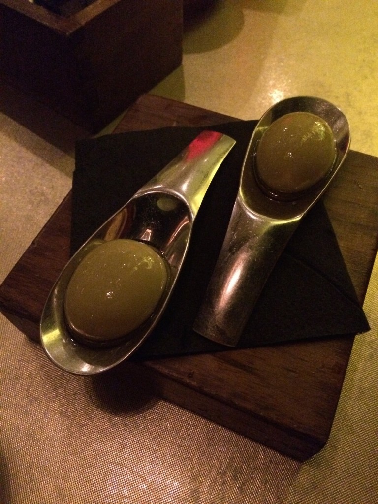 2nd course: El Bulli's famous exploding olives.  These are basically liquified olive and brine.