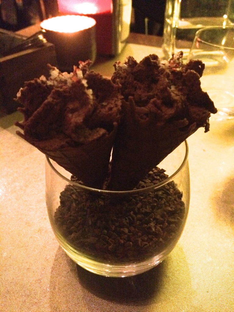 11th course: Chocolate mouse cones with fleur de sel.